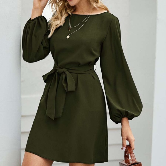 Dresses & Skirts - lantern long sleeve belted mini dress olive